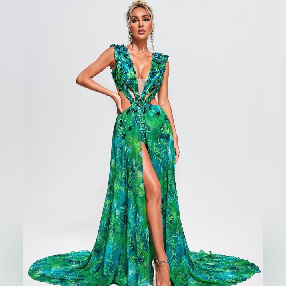 Bella Barnett Tropical Embellished Backless Maxi Dress